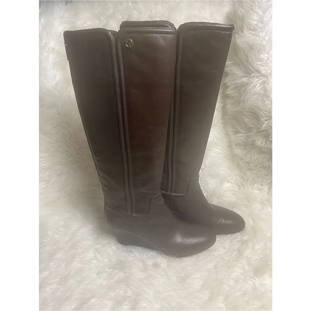 Tory Burch leather Brown Knee-High Wedge Boots back zipper gold tone accent.SZ11